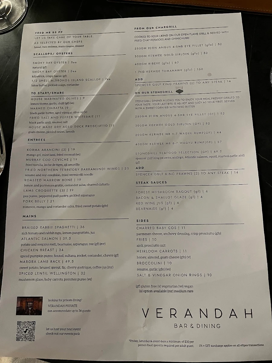 Menu, Verandah Dining at The Strathmore – Level 1