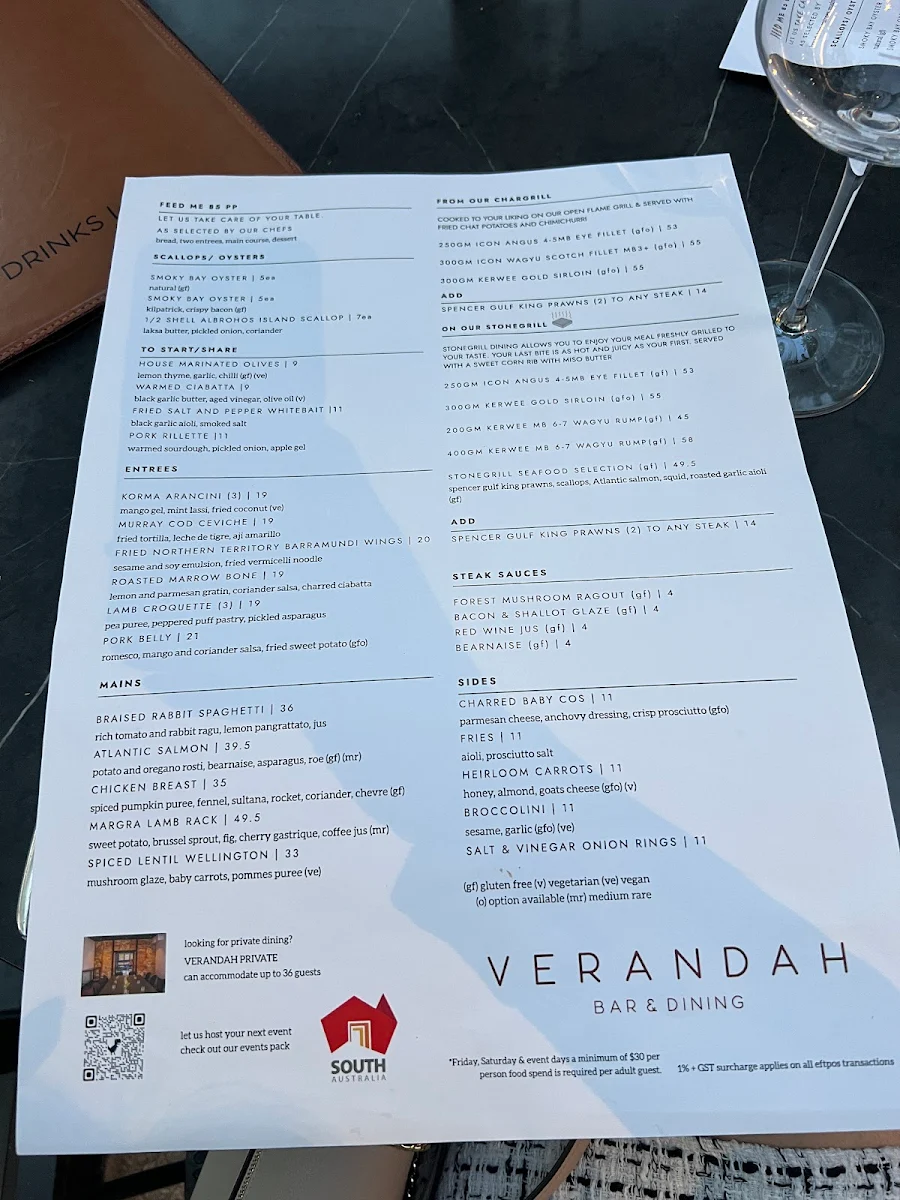 Menu, Verandah Dining at The Strathmore – Level 1