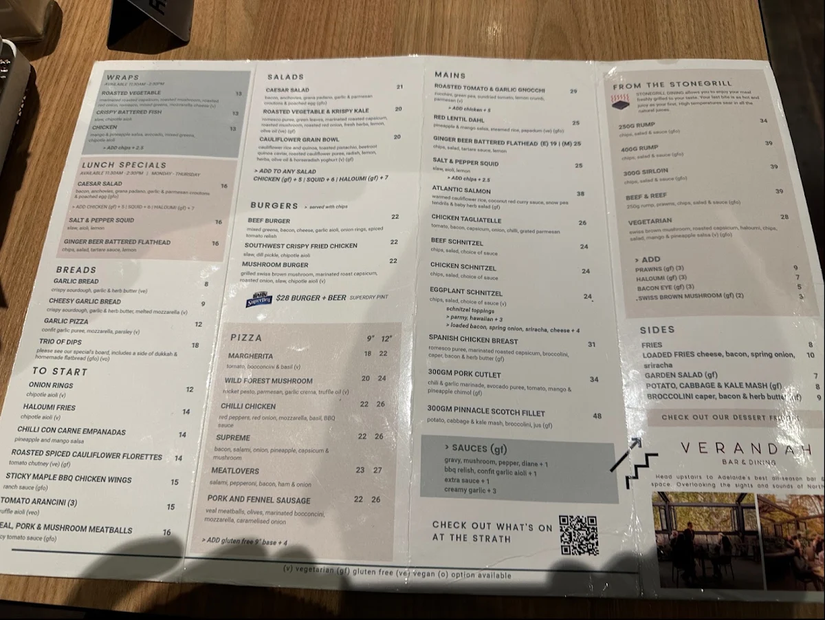 Menu, Verandah Dining at The Strathmore – Level 1