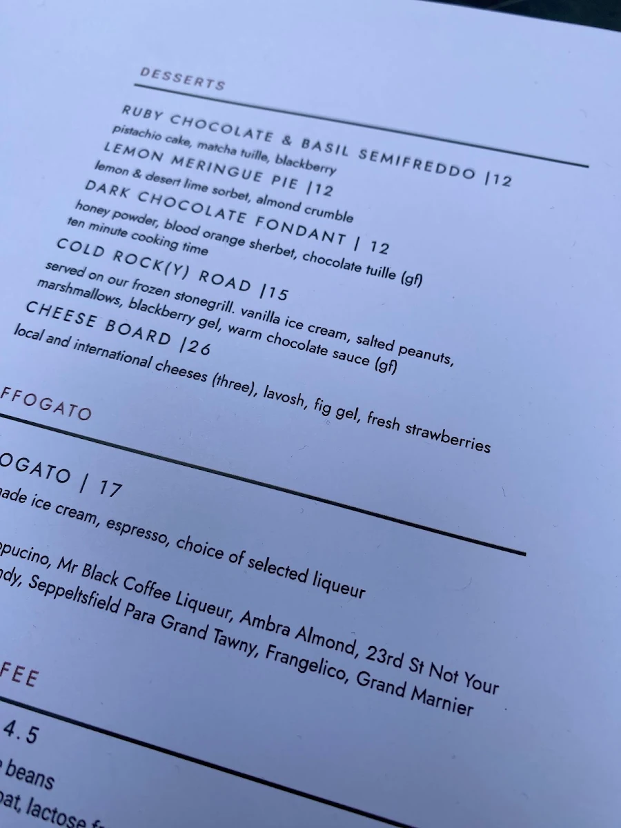 Menu, Verandah Dining at The Strathmore – Level 1