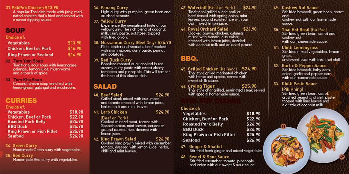 Menu, Royal Orchard Thai