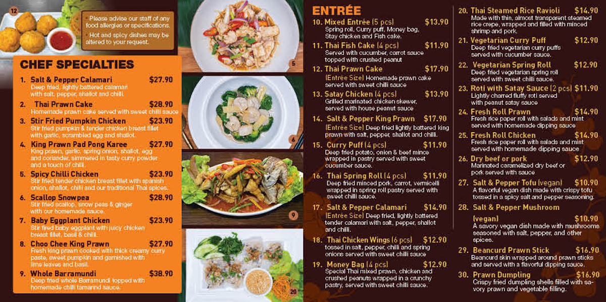 Menu, Royal Orchard Thai