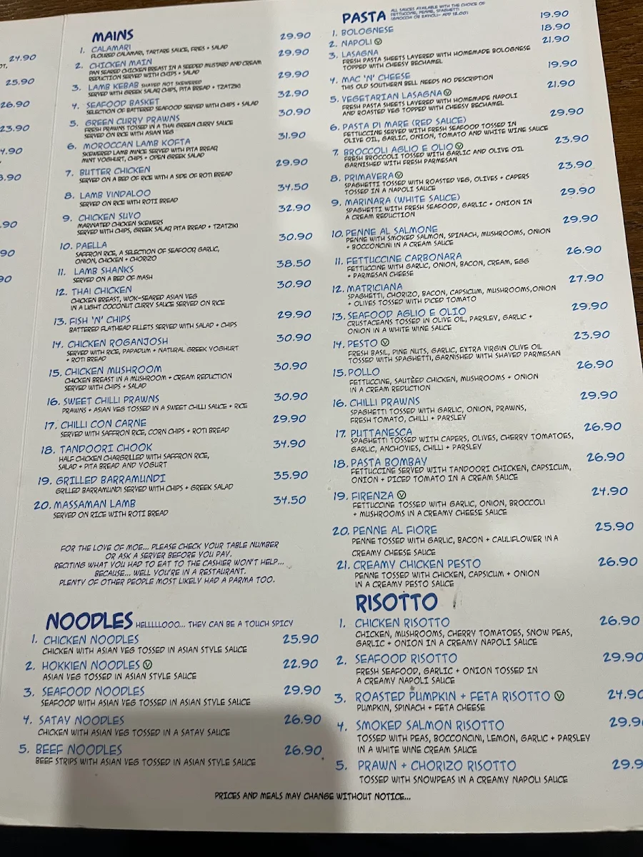Menu, Lazy Moe's Ballarat