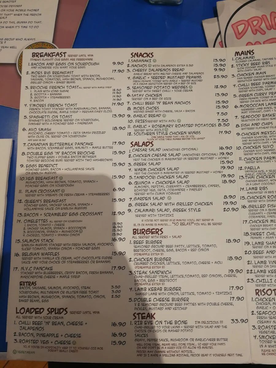 Menu, Lazy Moe's Ballarat