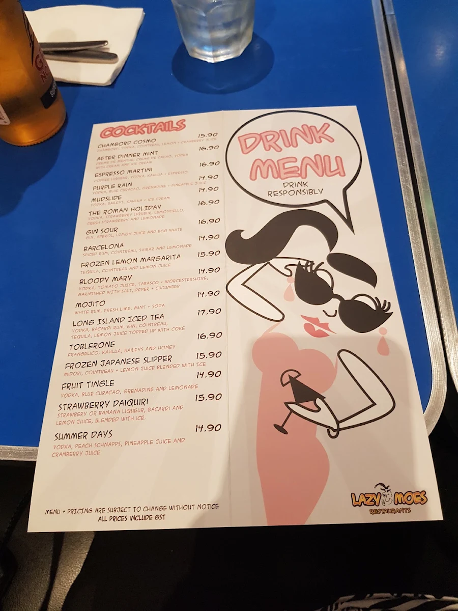 Menu, Lazy Moe's Ballarat
