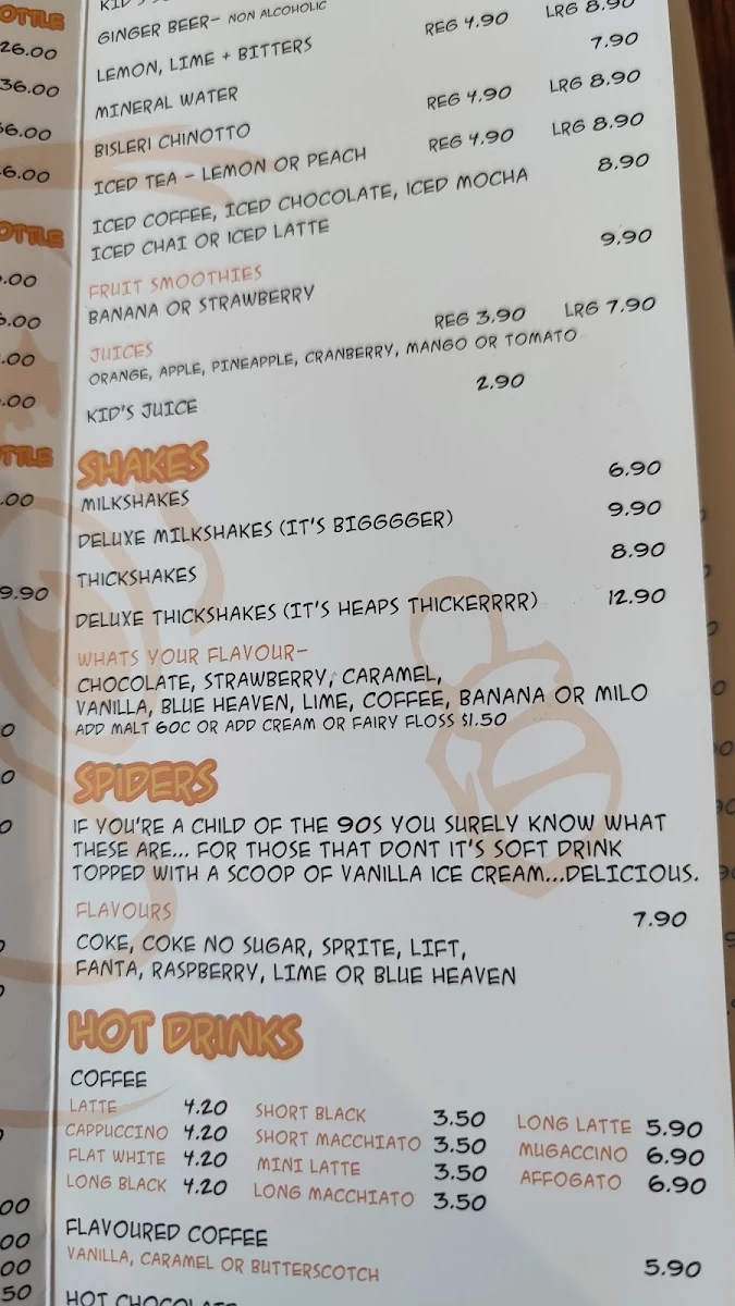 Menu, Lazy Moe's Ballarat