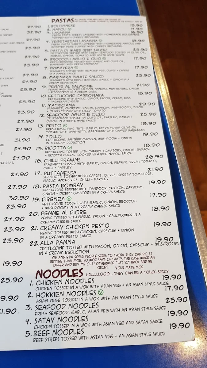 Menu, Lazy Moe's Ballarat