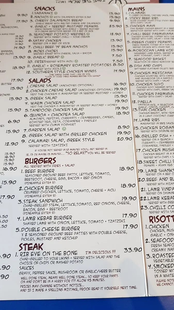 Menu, Lazy Moe's Ballarat