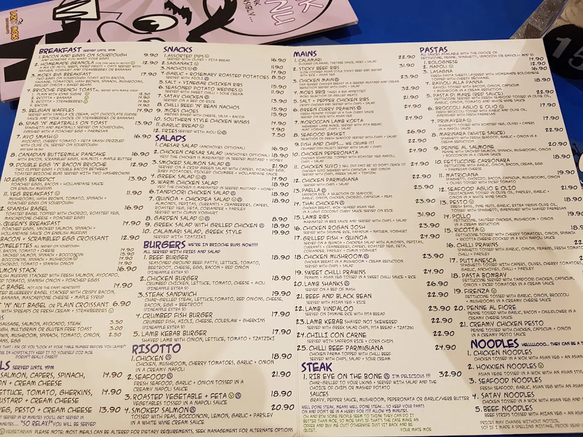 Menu, Lazy Moe's Ballarat