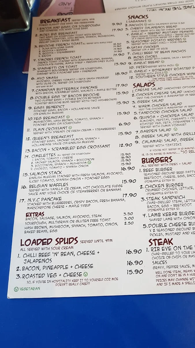 Menu, Lazy Moe's Ballarat