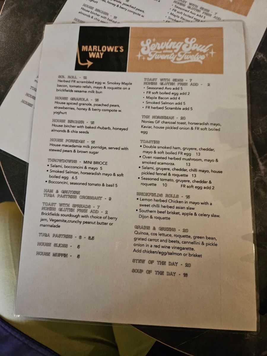 Menu, Marlowe's Way