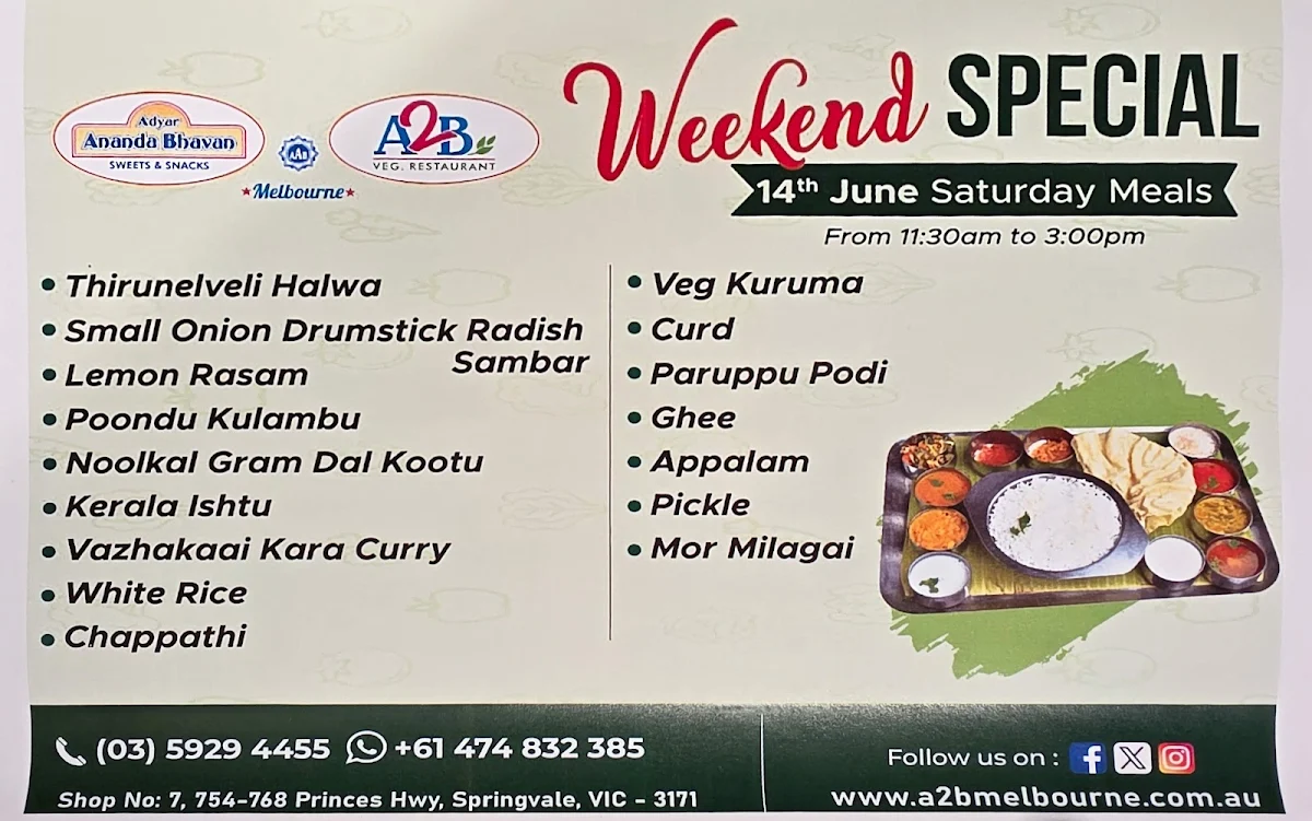 Menu, Adyar Ananda Bhavan Melbourne (A2B Melbourne)