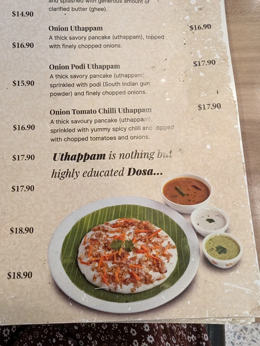 Menu, Adyar Ananda Bhavan Melbourne (A2B Melbourne)