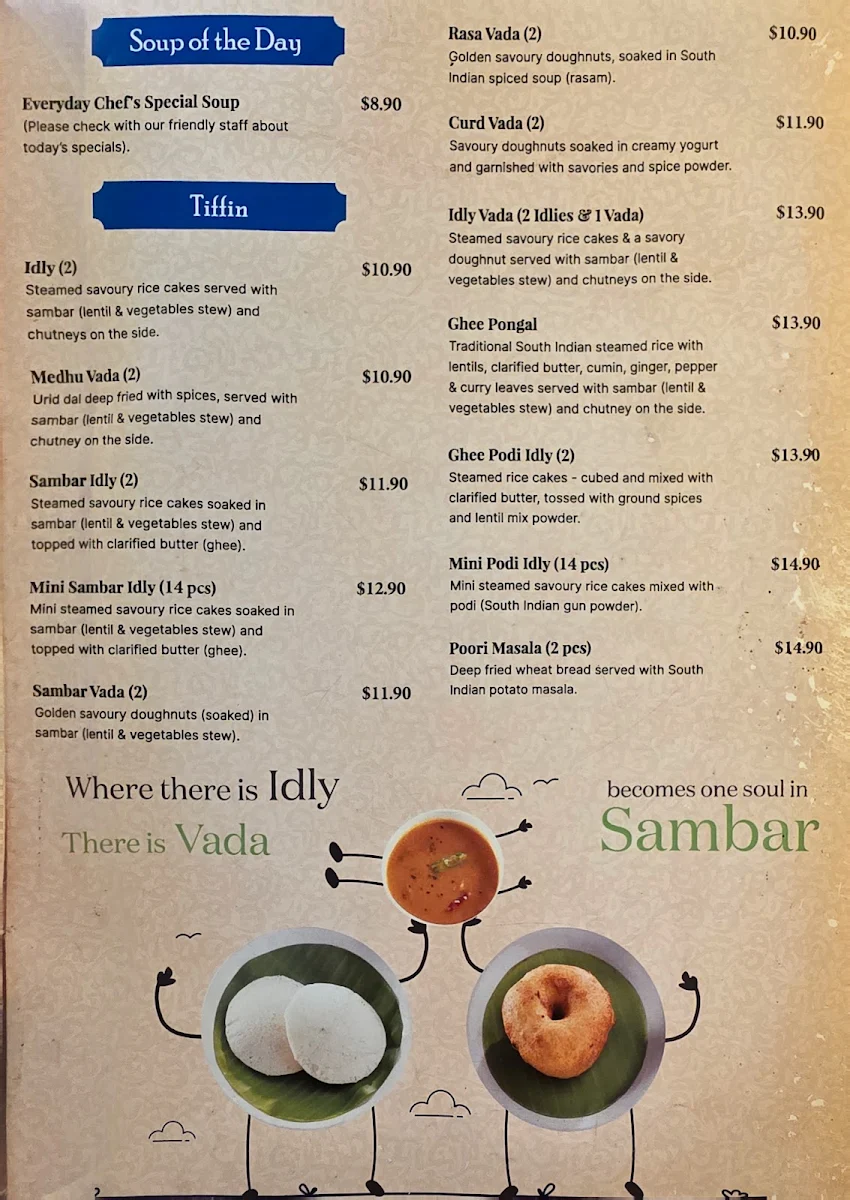 Menu, Adyar Ananda Bhavan Melbourne (A2B Melbourne)