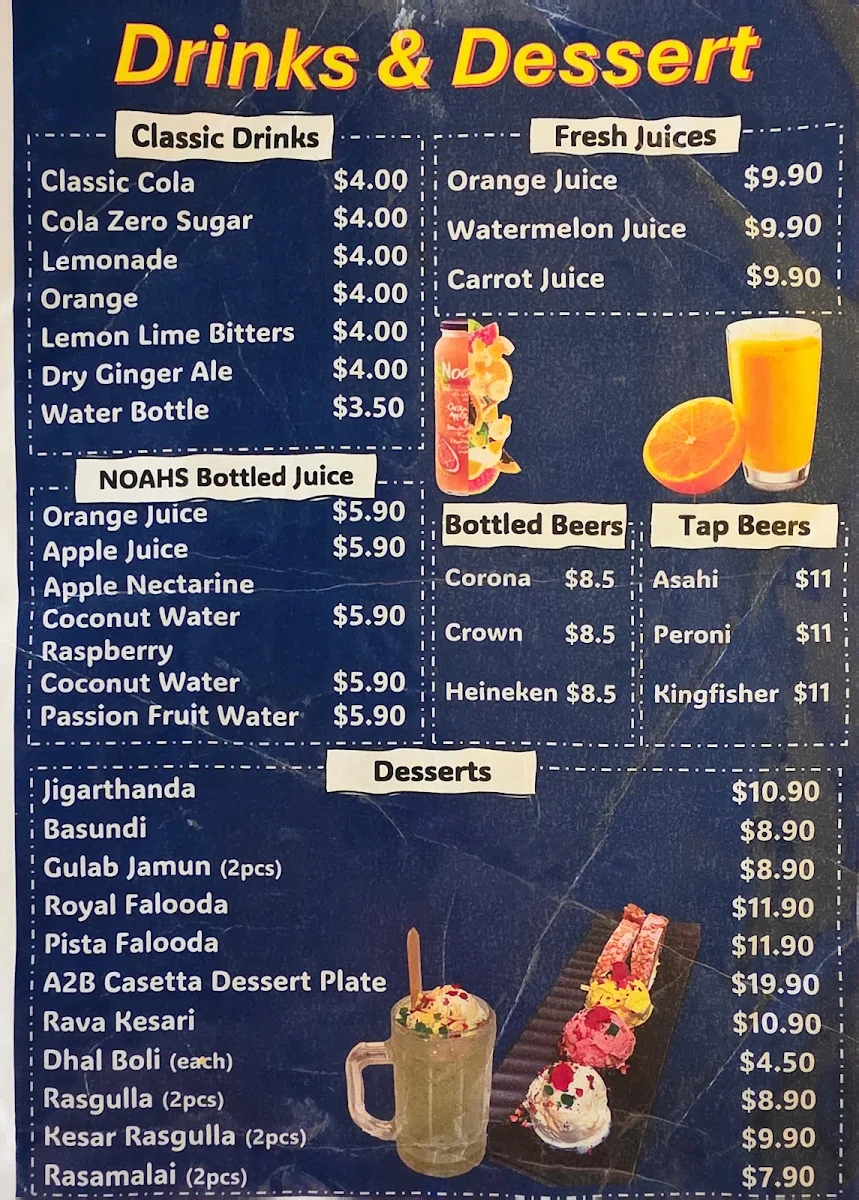 Menu, Adyar Ananda Bhavan Melbourne (A2B Melbourne)