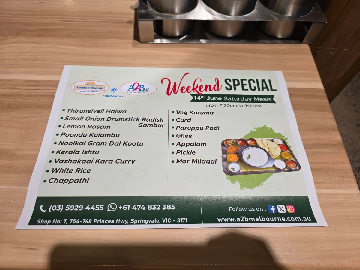 Menu, Adyar Ananda Bhavan Melbourne (A2B Melbourne)