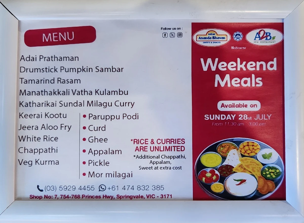 Menu, Adyar Ananda Bhavan Melbourne (A2B Melbourne)