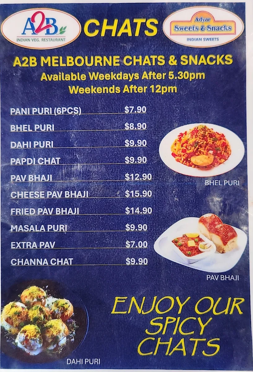 Menu, Adyar Ananda Bhavan Melbourne (A2B Melbourne)