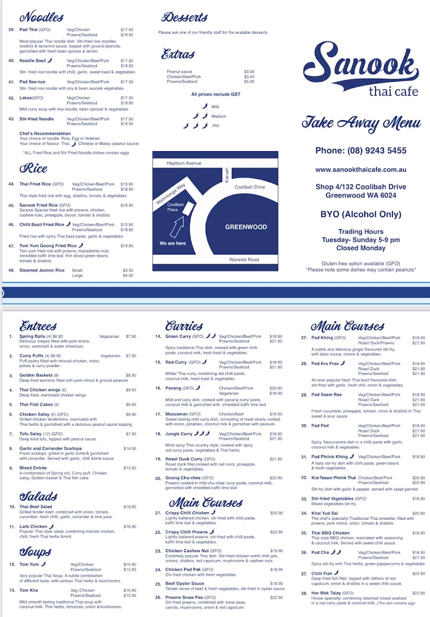 Menu, Sanook Thai Cuisine