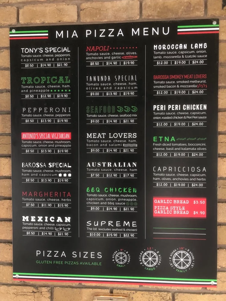 Menu, Mia Pizza Deliveries