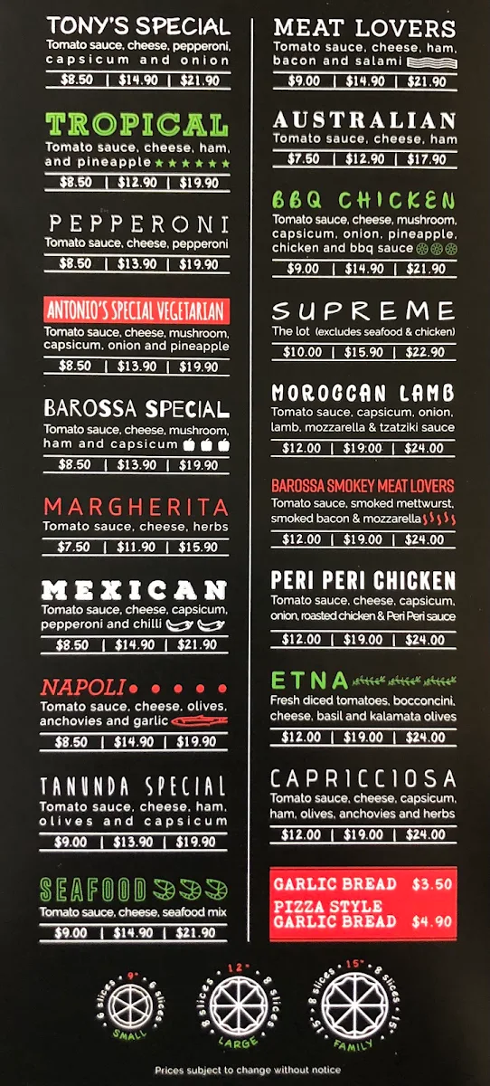 Menu, Mia Pizza Deliveries