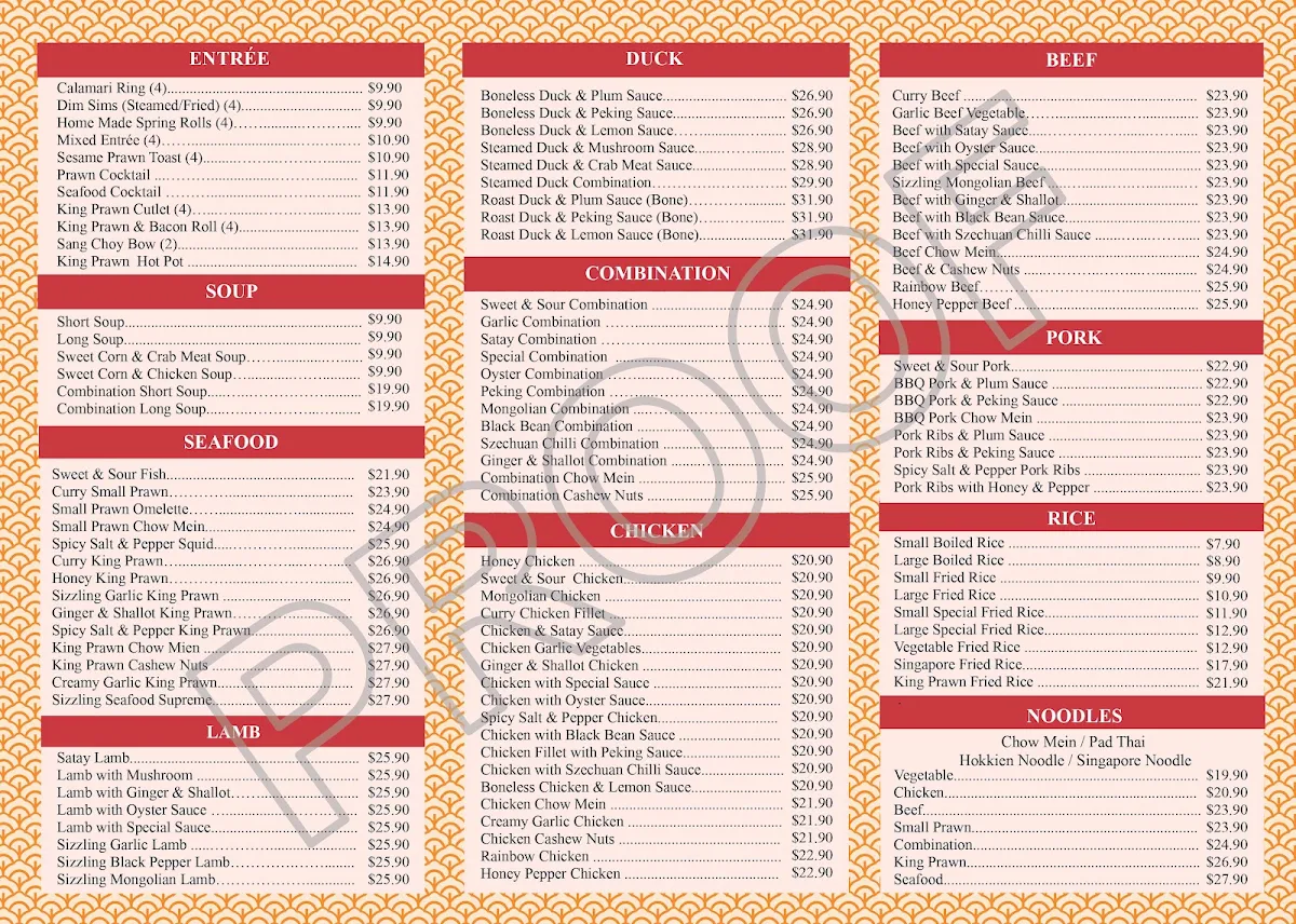 Menu, Crystals Chinese Restaurant