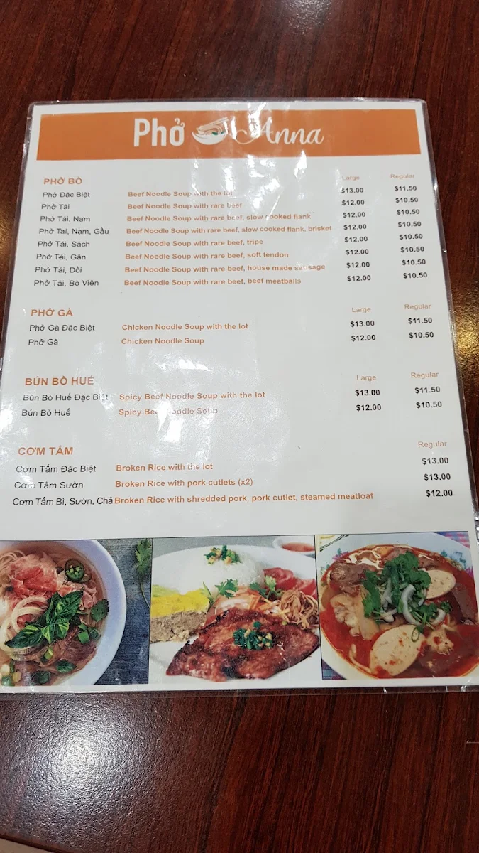 Menu, Pho Anna