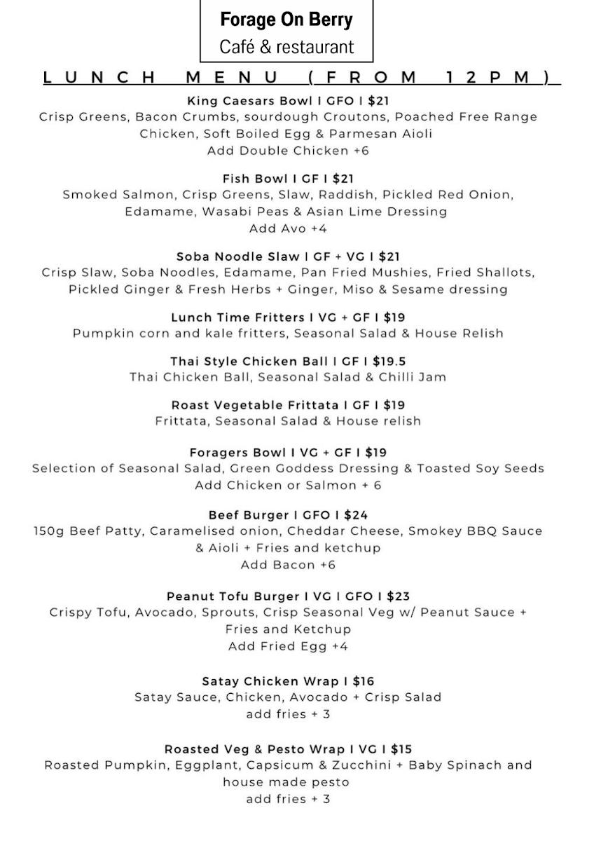 Menu, Forage On Berry Nowra
