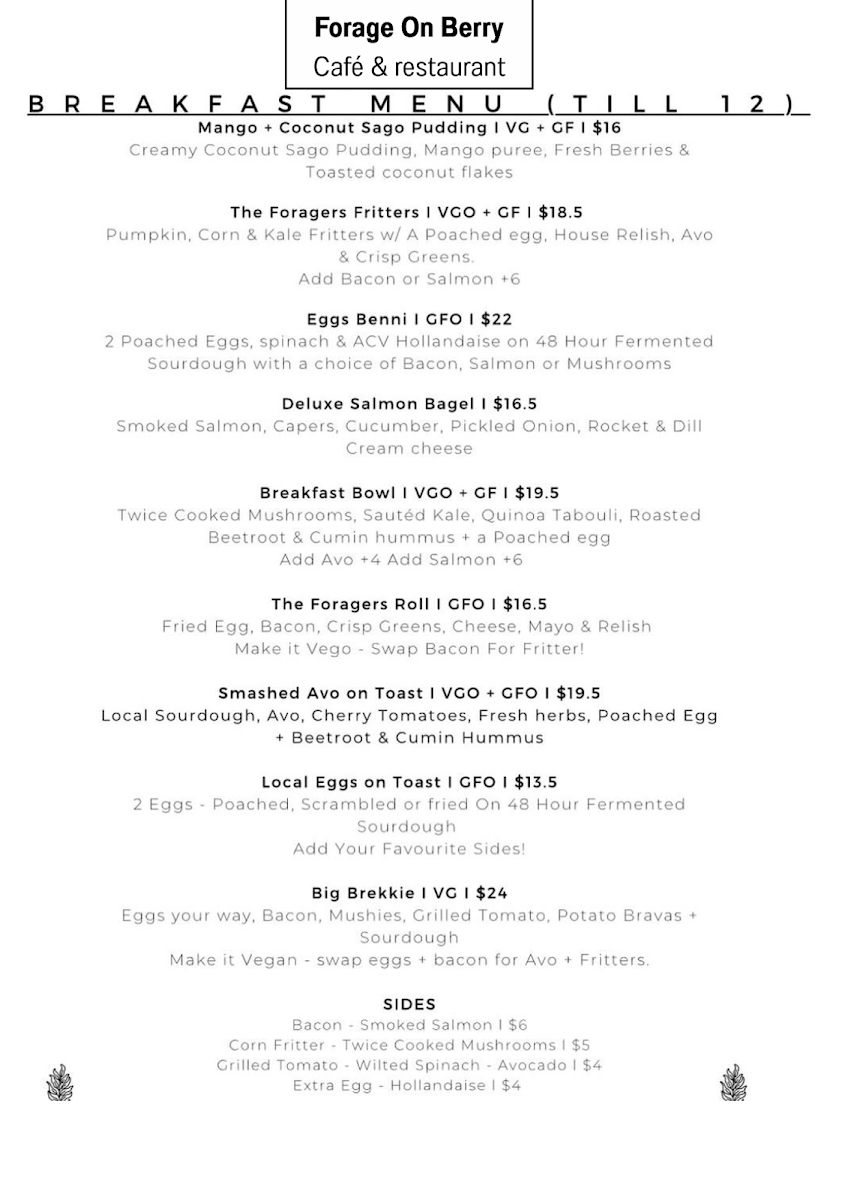 Menu, Forage On Berry Nowra