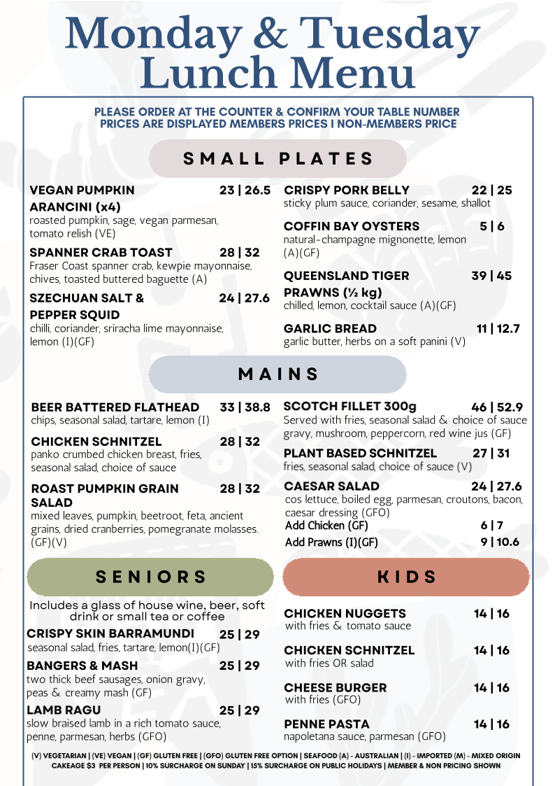Menu, Gosford Sailing Club