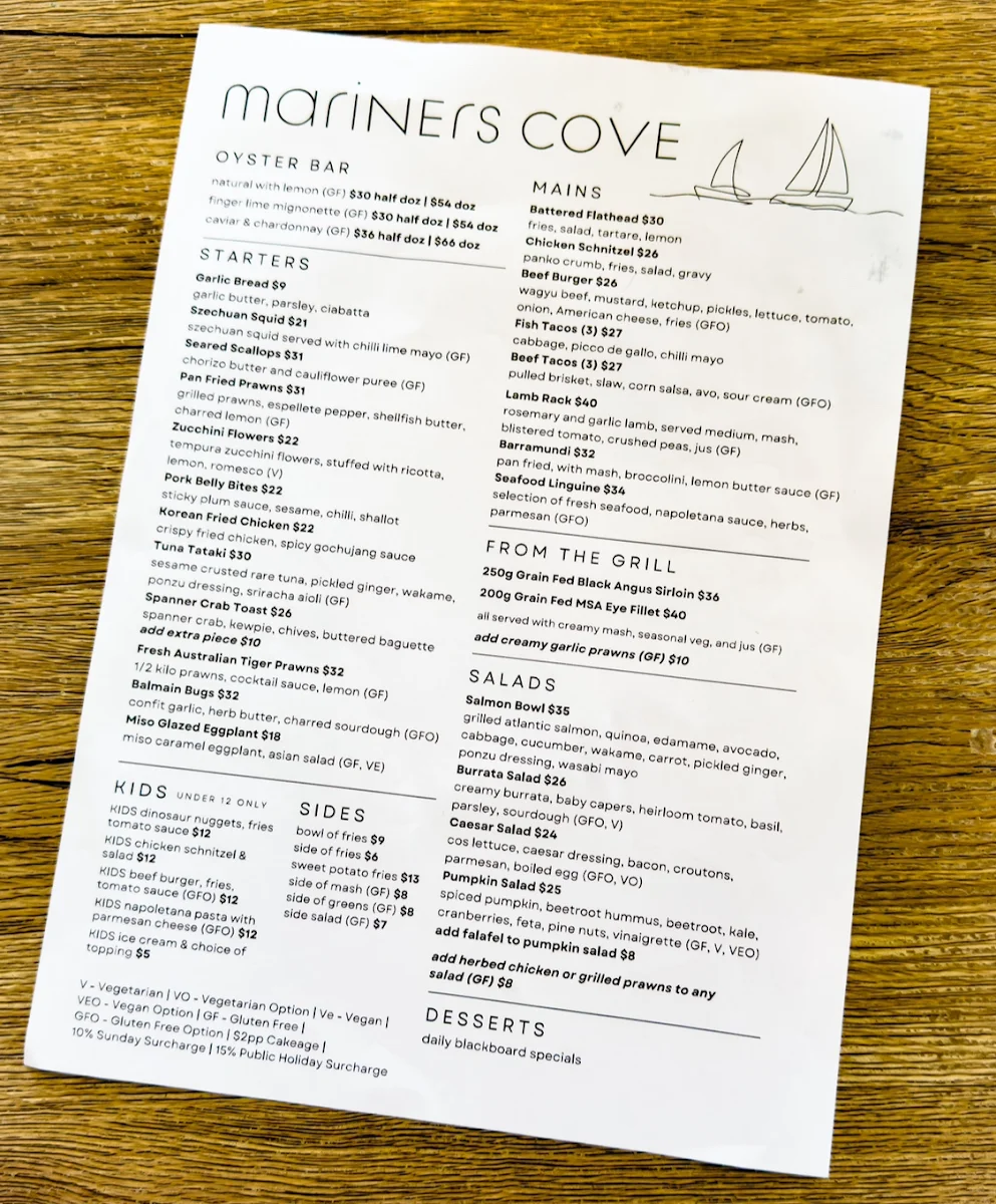 Menu, Gosford Sailing Club