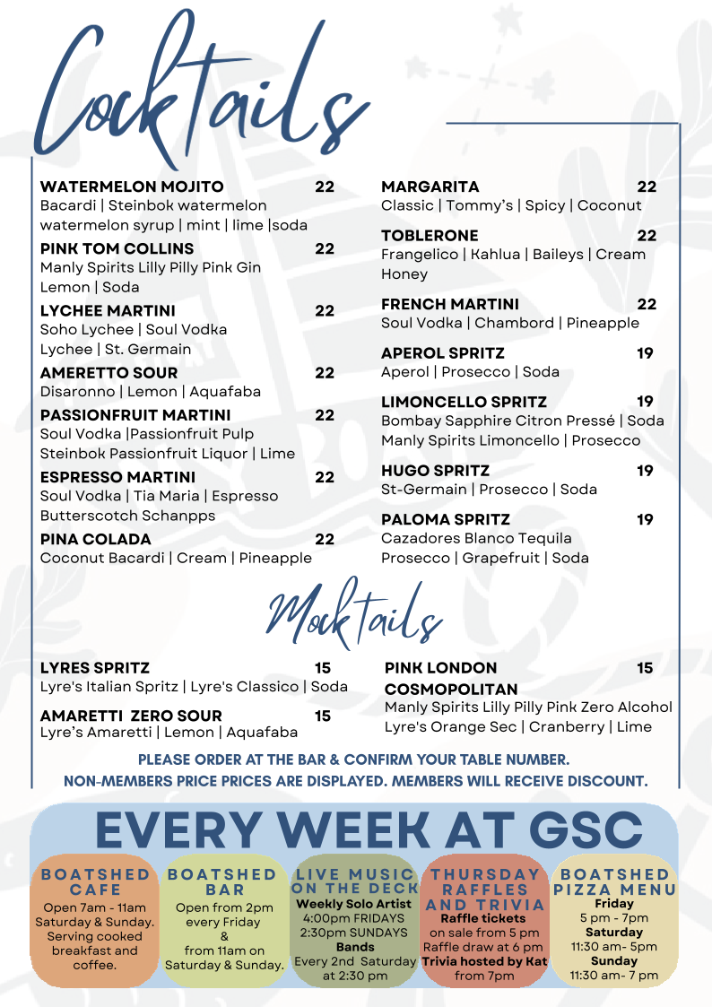 Menu, Gosford Sailing Club