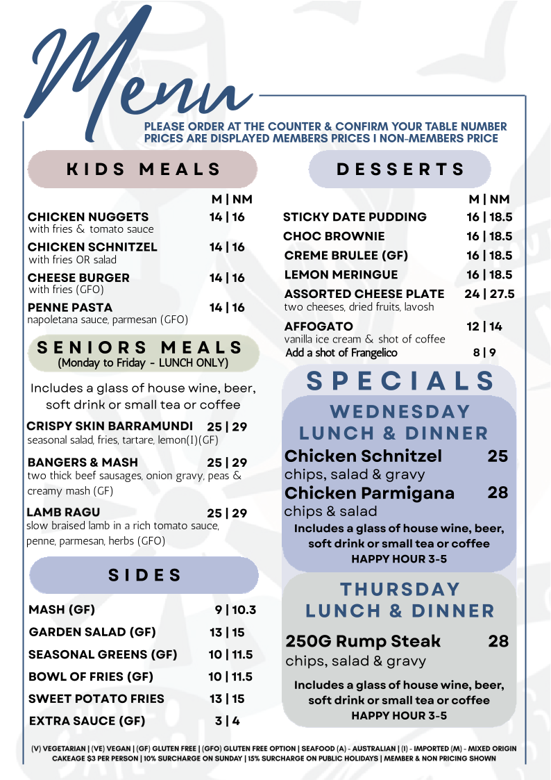 Menu, Gosford Sailing Club