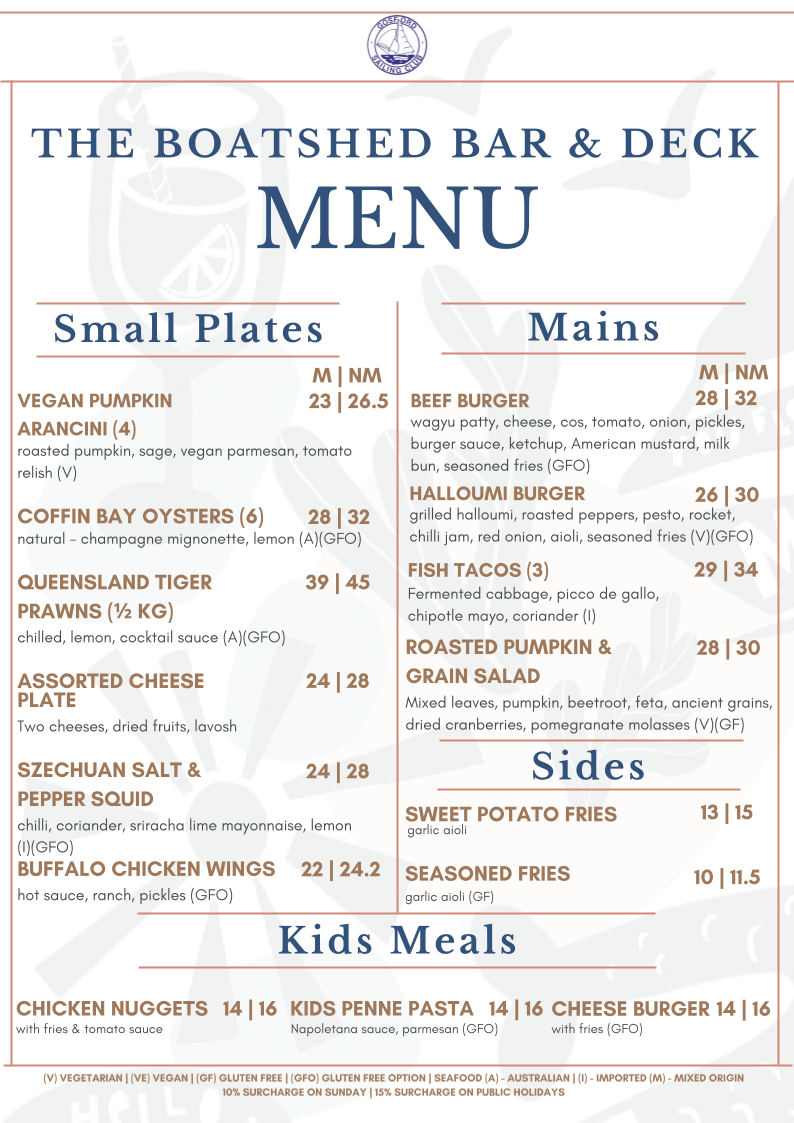 Menu, Gosford Sailing Club