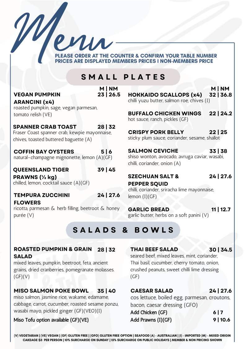 Menu, Gosford Sailing Club