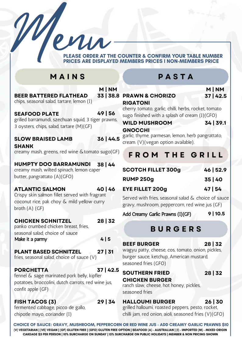 Menu, Gosford Sailing Club