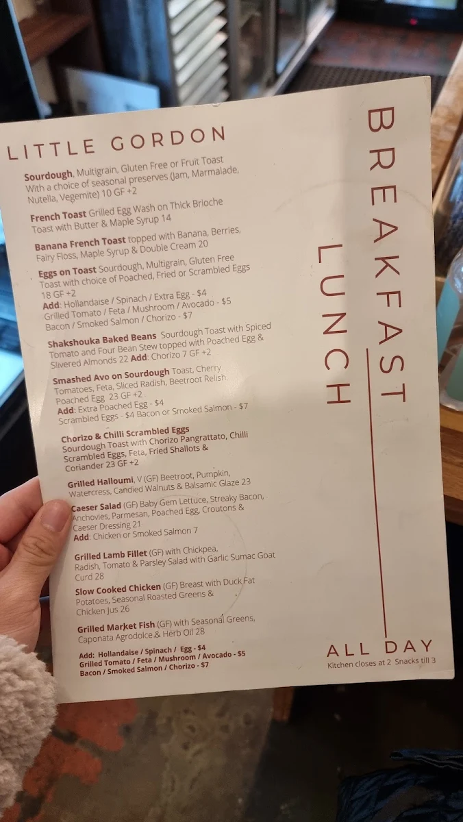 Menu, Little Gordon Cafe
