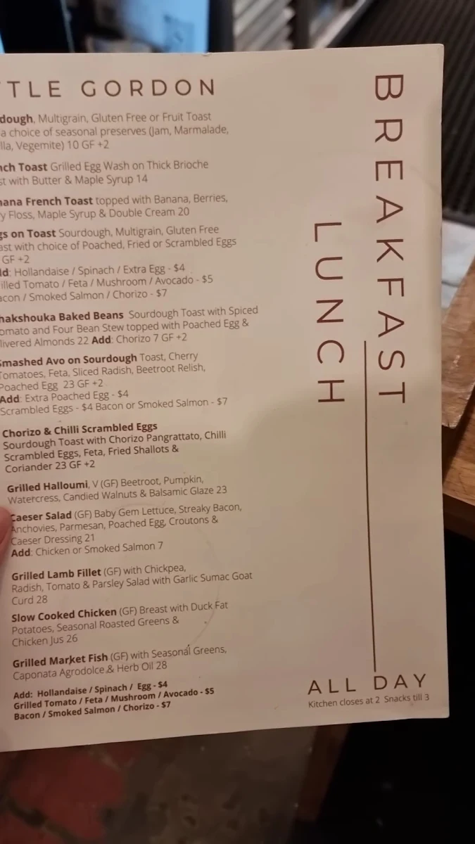 Menu, Little Gordon Cafe