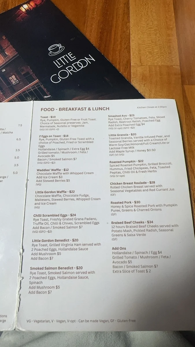 Menu, Little Gordon Cafe