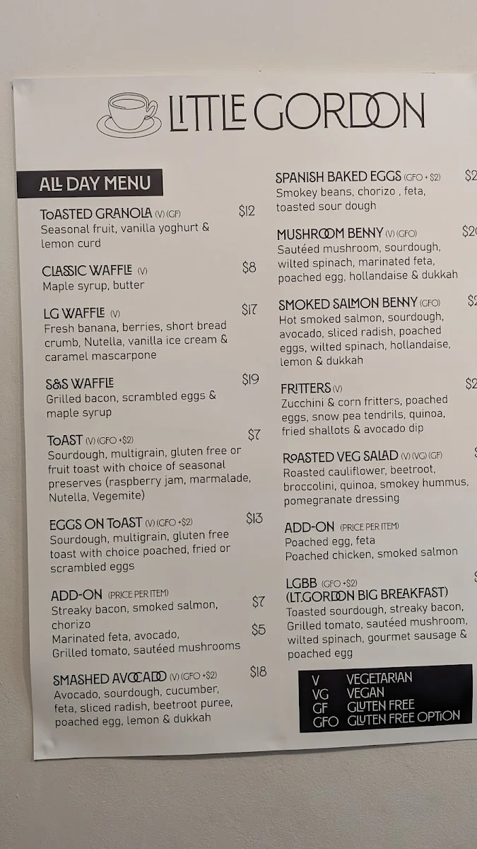 Menu, Little Gordon Cafe