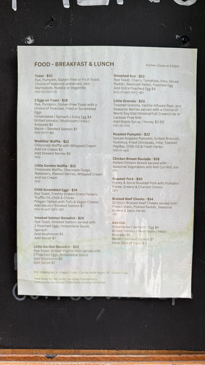 Menu, Little Gordon Cafe