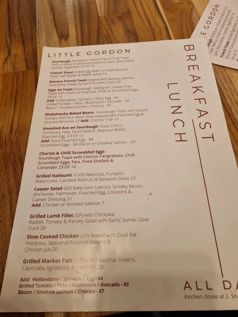 Menu, Little Gordon Cafe