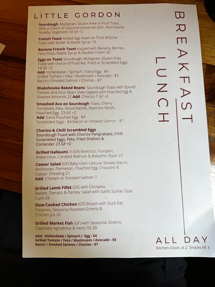 Menu, Little Gordon Cafe