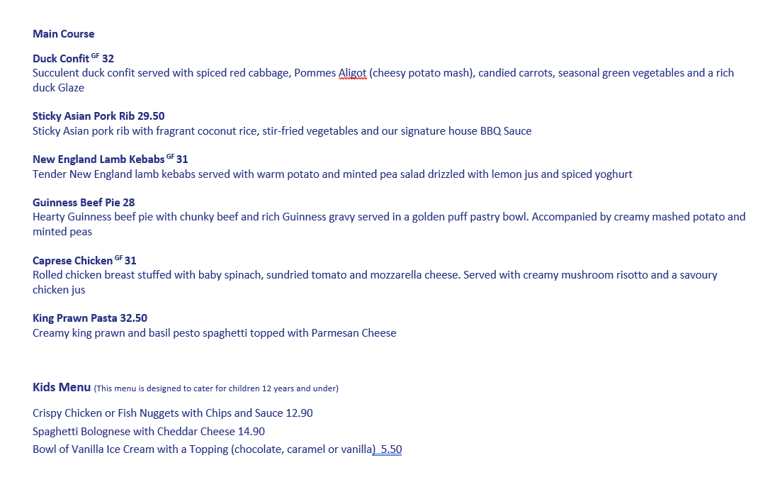 Menu, The Highlands Restaurant