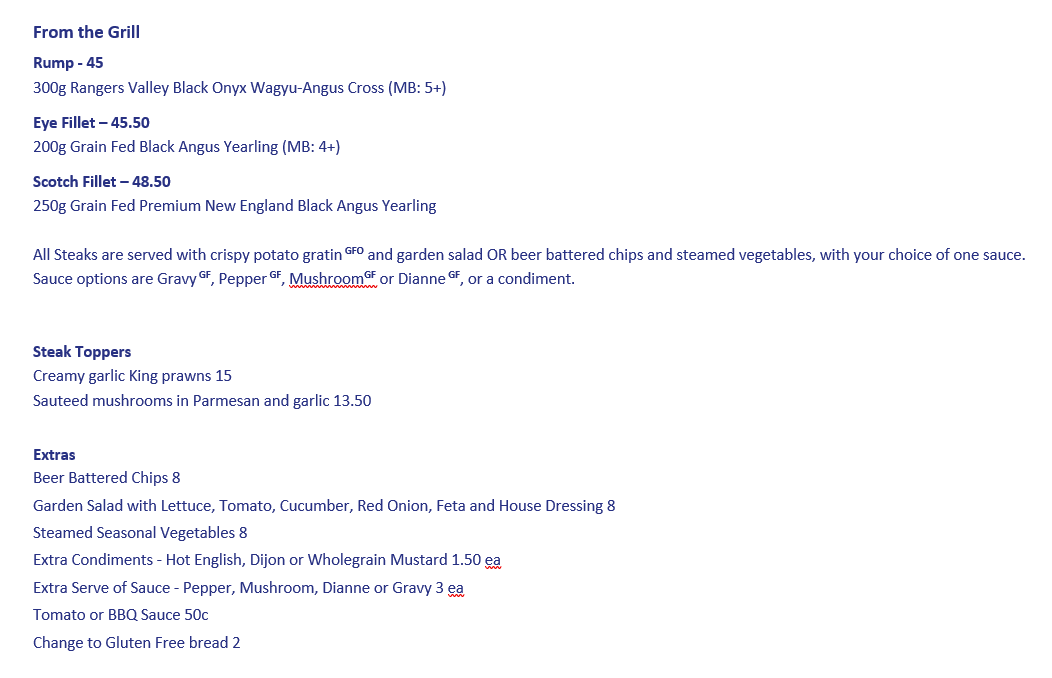 Menu, The Highlands Restaurant