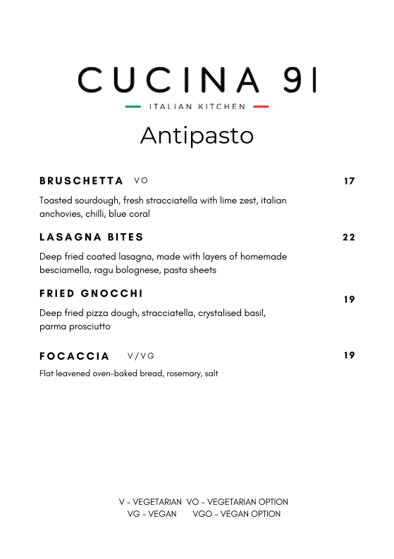 Menu, Cucina 91 - Italian Kitchen
