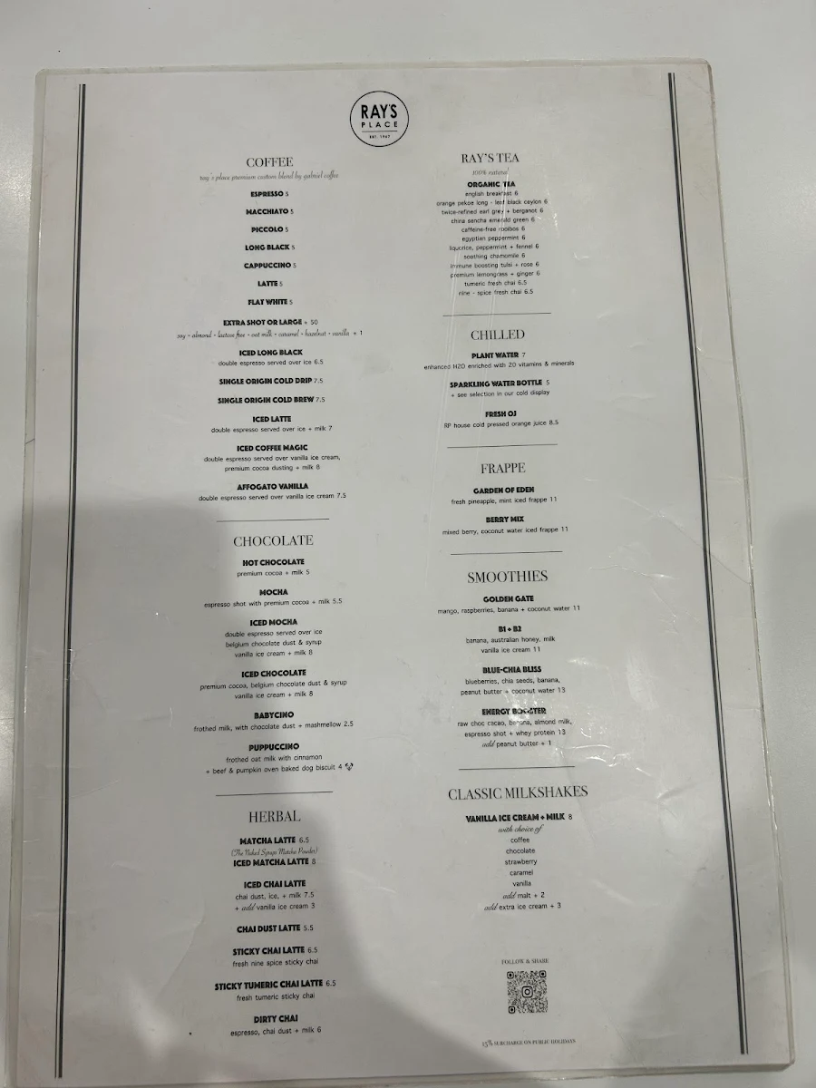 Menu, Ray's Place