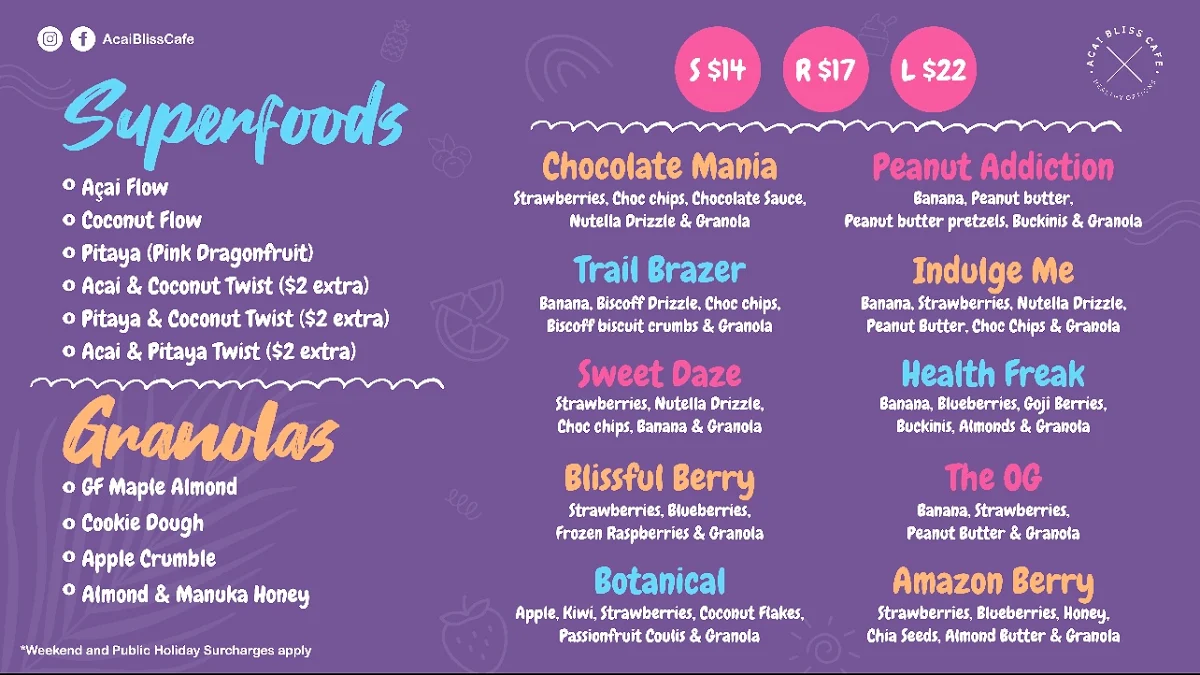 Menu, Acai Bliss Cafe