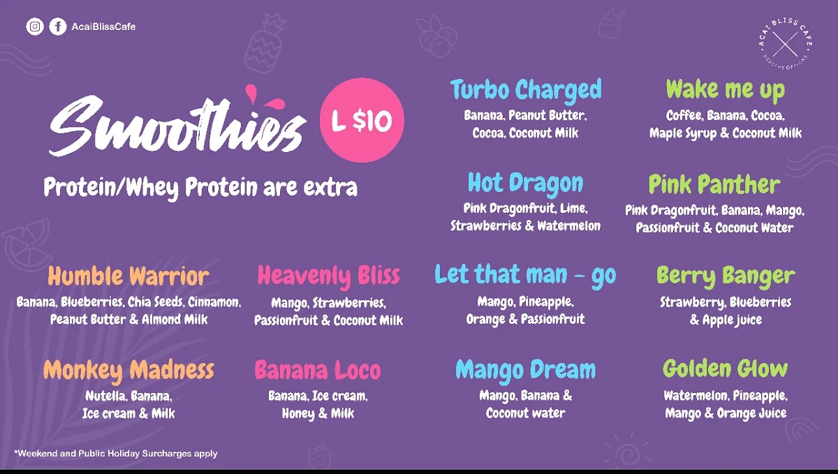 Menu, Acai Bliss Cafe