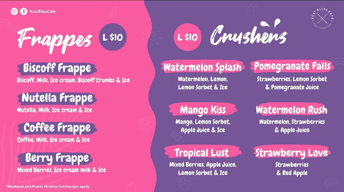 Menu, Acai Bliss Cafe
